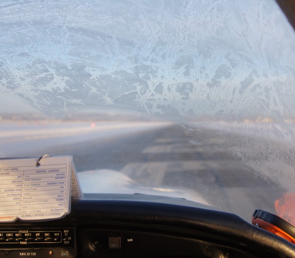 Here we go! (icy windshield, runway is so clean!)